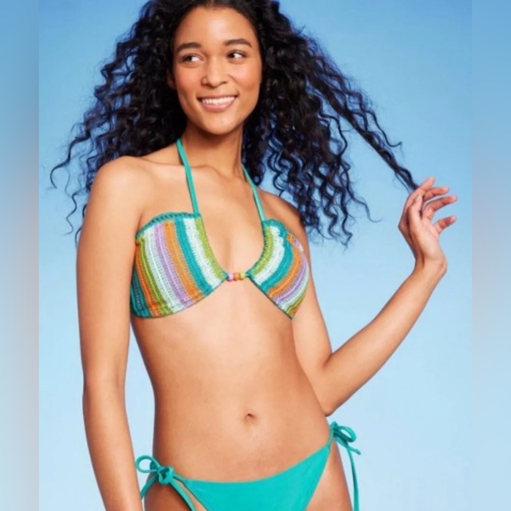 ☀️Colorful Crochet Striped Bikini Top, Large, NWOT, Halter Style or Criss Coss